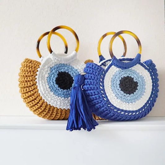 Rope Crochet Handbags Tassel Tote Round Handle Clutch Yarn Beach Bags for Women
