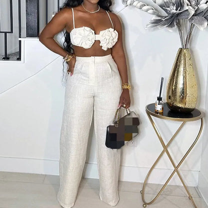 Elegant 2 Piece Sets Women Sexy 3D Flower Crop Camisole and Straight Leg Pants Set