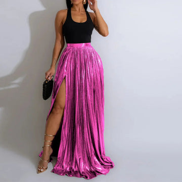 High Side Split Big Swing Pleated Floor Length Skirt High Waist Maxi Skirts