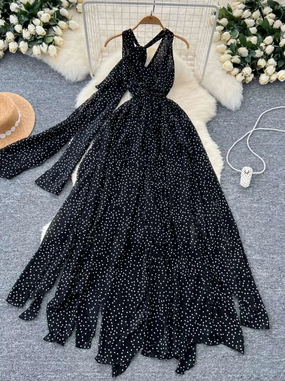Runway Polka Dots Chiffon Dress Women Deep V Neck Long Maxi Dress