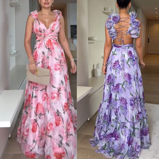 Women Chiffon Ruffle Edge Printing Maxi Dress V Neck Pleated High Waist Ankle Length Dress