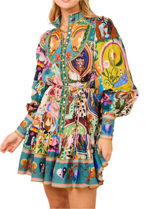 printed round neck dress cinched waist strap pleated ruffle edge dress summer dress