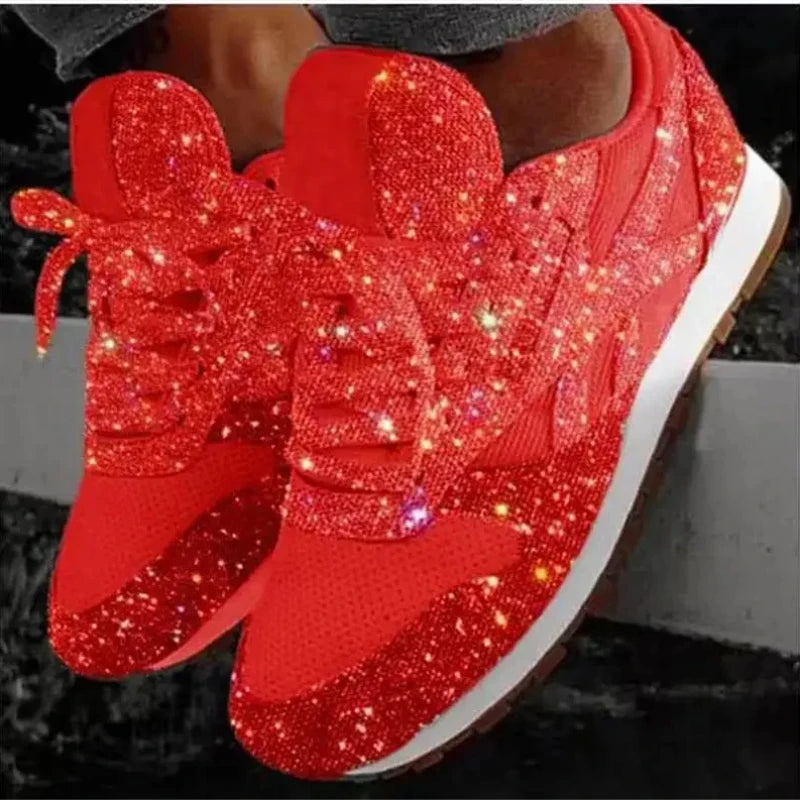 Women Flat Sneakers Casual Bling Vulcanized Shoes Women Mesh Lace Up Shoes