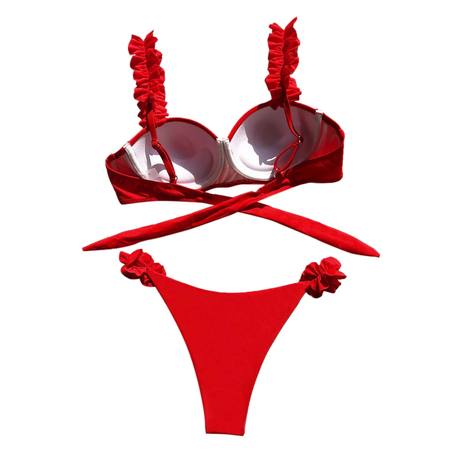 Black Red Push Up Bikinis Sets Ruffled Straps Swimwear Micro Thong Sexy Swimsuit Women Back Bow Bathing Suit