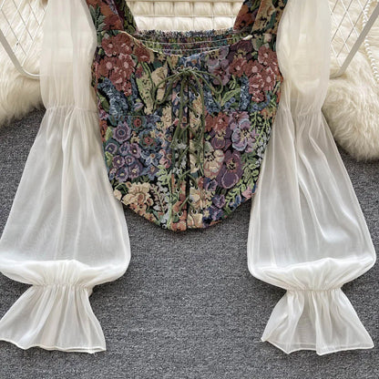 Women Retro Y2K Rose Flower Print Long Sleeve Gothic Shirts Fashion Irregular Bandage Party Blouses