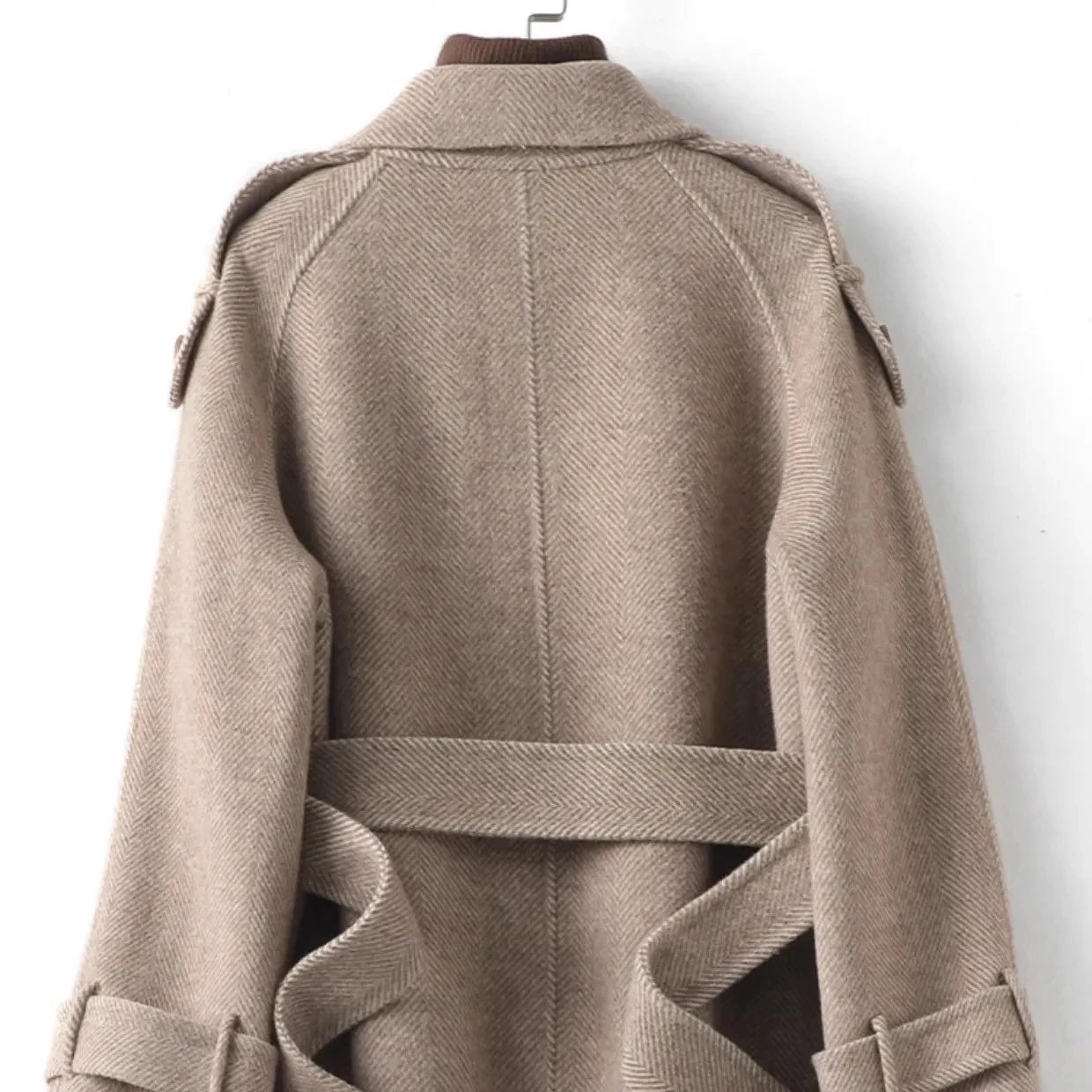 Woolen Coat New British style POLO collar Lace up Double breasted Coat
