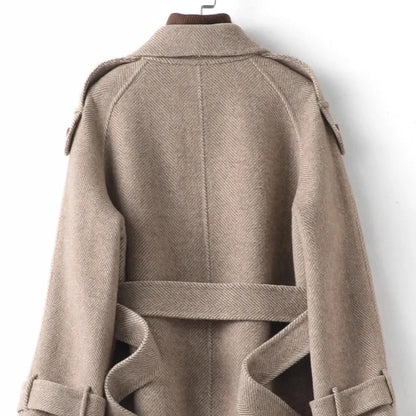 Woolen Coat New British style POLO collar Lace up Double breasted Coat