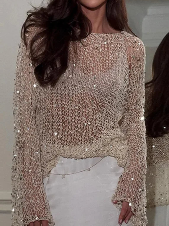 Sequin Knitted Hollow Out Sweater Women Elegant O-neck Loose Knitted Top