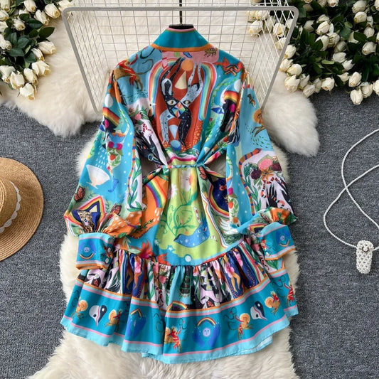 Paneled Stand Collar Lantern Sleeve  Vintage Print Single Breasted Lace Up Robe Ruffles Sun Dress