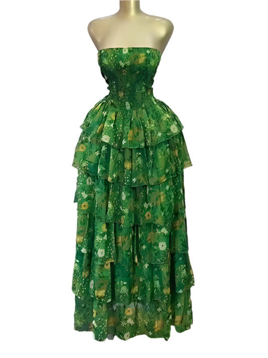 Women's Beach Maxi Dress Sexy Bustier Waist Tie Flounce Hem Tiered Maxi Dress