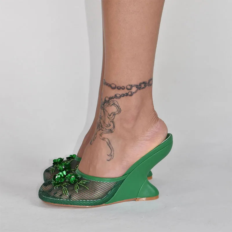 Women Summer Wedges Mesh Shoes Flower Round Toe Slip-On Hollow High Heeled sandals