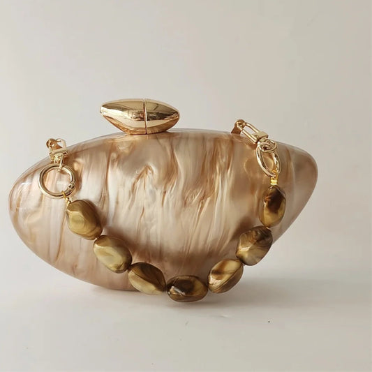 Shell Brand Pearl Brown Marble Acrylic Box Clutches Evening Bag Bridal Hand Bag