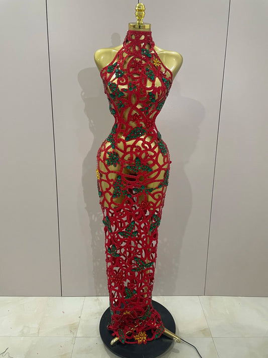 Sexy Hollow Out Rhinestone Maxi Dress Women Evening party Nightclub Dress