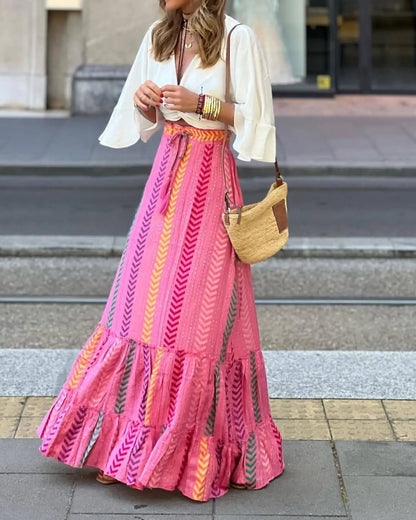Bohemian Style Printed A-line Skirt Women Fashion Beach Vacation Loose Drawstring Ruffles Skirts Female  Summer New Streetwear