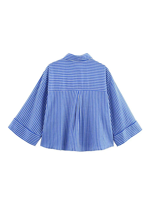 Women Summer Striped Shirt Casual Striped Linen Loose Pocket Top