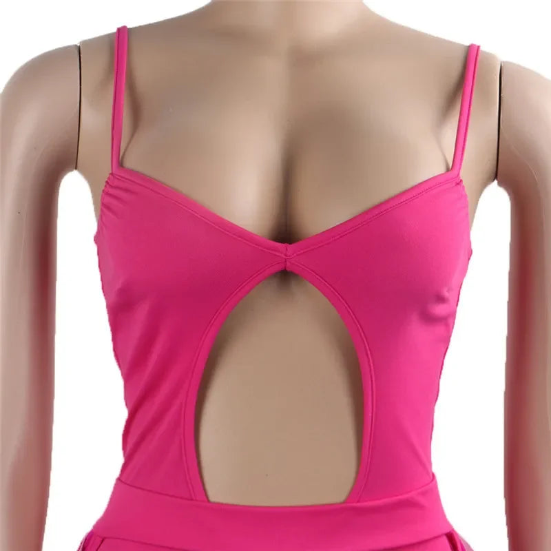Hollow Out 2 Pieces Set for Woman Mesh See Through Bodysuit Top and Ruffles Pants Swimsuit Outfit