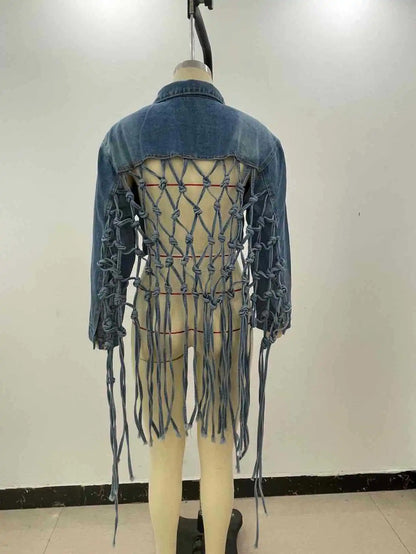 Women Denim Jacket Back Grid Fringe Personalized Jacket Coat