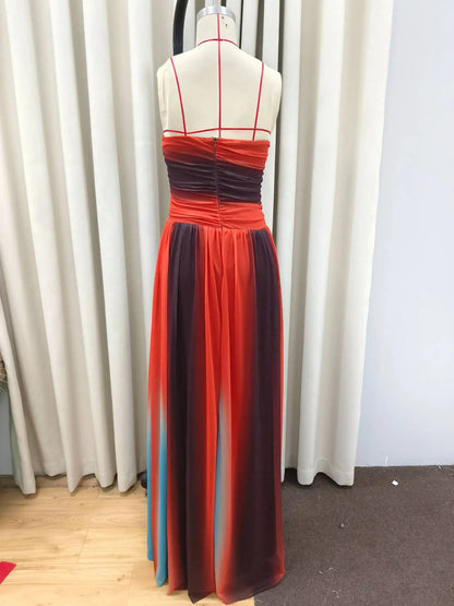 Tie-dye Gradient Hollow Out Women's Maxi Dress Elegant Off Shoulder Long Dresses