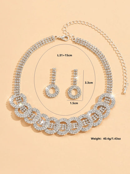 3pcs Fashion Jewelry Set with Rhinestone Inlaid Round Necklace Earrings Jewelry Set Suitable for Women's Party Accessories