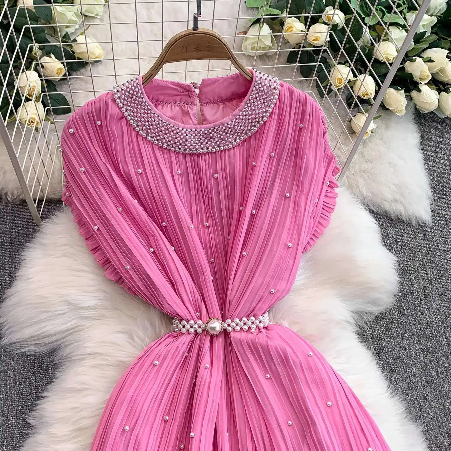 Summer Luxury Pearls Long Chiffon Dress For Women Loose Big Size Short Sleeve Crystal Birthday Evening Midi Pleated Dresses