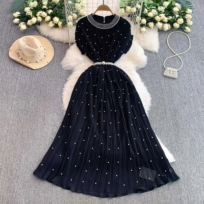 Summer Luxury Pearls Long Chiffon Dress For Women Loose Big Size Short Sleeve Crystal Birthday Evening Midi Pleated Dresses