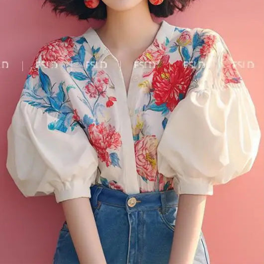 Flower Print Shirt Women French Temperament Lapel Puff Sleeve Button Blouse