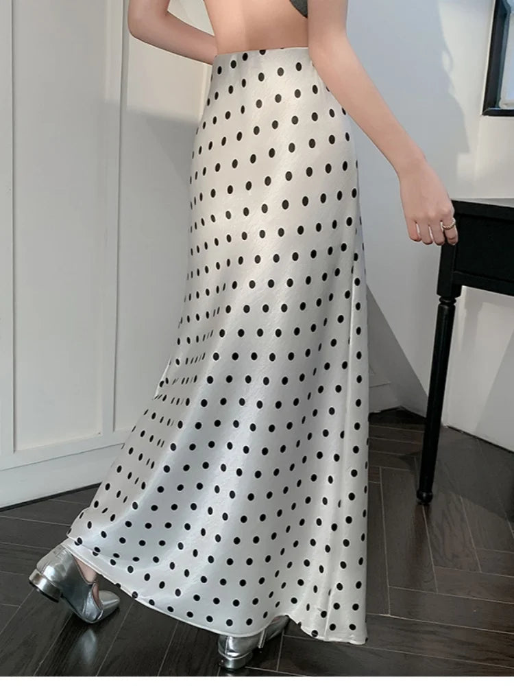 Polka Dot Satin Skirt Women's High Waist Versatile Elegant Dot Long Skirt