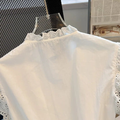 Flying Sleeve White Shirts Vintage Sleeveless Ruffled Lace Blouse for Woman