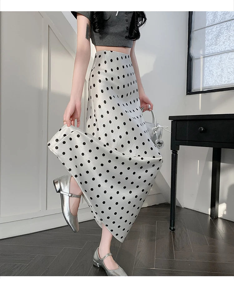 Polka Dot Satin Skirt Women's High Waist Versatile Elegant Dot Long Skirt