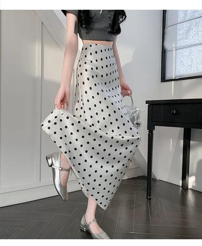 Polka Dot Satin Skirt Women's High Waist Versatile Elegant Dot Long Skirt