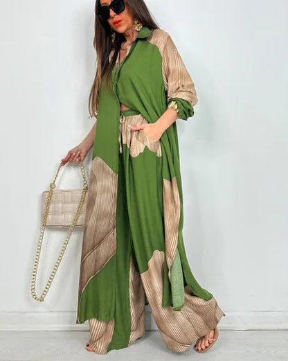 Elegant Lady Two Piece Set Printed Long Shirt Top + Wide Leg Pants 2-piece Outfit  Oversized Sets