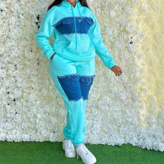 Two Piece Sets Hooded Matching Sets Denim Tracksuit Y2k Casual Joggers