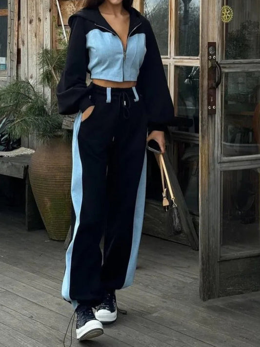 Patchwork Denim 2 Piece Sets Women Outfit Slim Hoodies Crop Top Wide Leg Sweatpants Suits