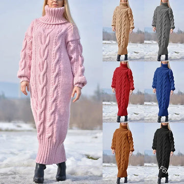 Women's Sweater Dress High Neck Turtleneck Pullover Twisted Loose Knitted Sweater Maxi Dress