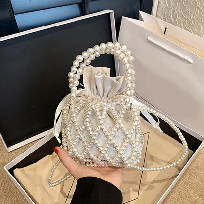 Luxury Pearl Women Bucket Tote Bag Woven Pearl Crossbody Bags for Women Small Wallet