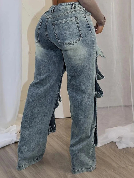Autumn And Winter European American Style Fashion Loose Denim Decorated Wide-leg Jeans With Button Details
