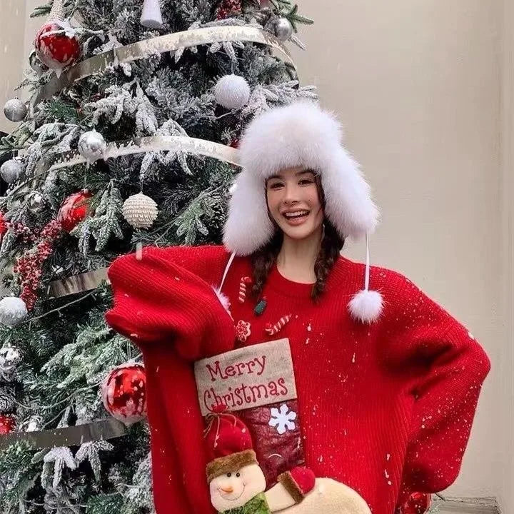 Christmas Sweater Loose New Lazy Thick Sweater Three-dimensional Cartoon Red Sweater