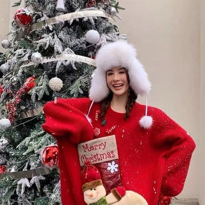 Christmas Sweater Loose New Lazy Thick Sweater Three-dimensional Cartoon Red Sweater