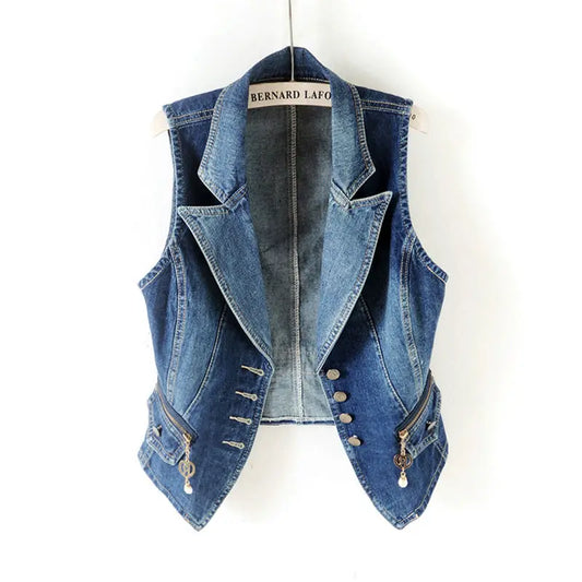 Casual Women Denim Vest Jacket Sleeveless Short Jeans Waistcoats Single-Breasted Plus Size