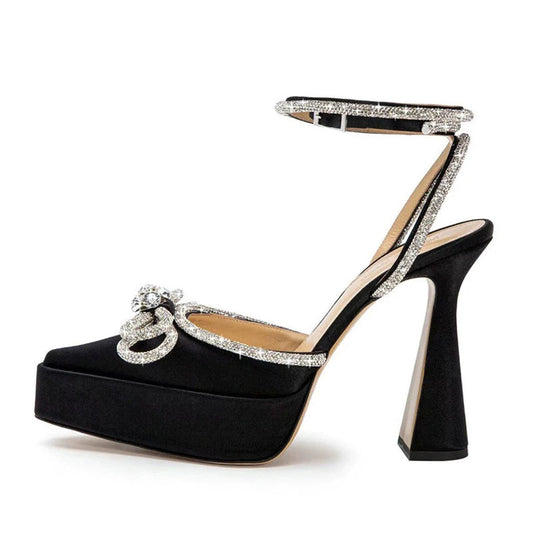 Butterfly-knot Crystal Pointed Toe Platform Heels Chunky Prom Shoes
