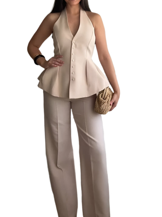 Women's Trouser Suits Sleeveless Halter Top Straight Pants Two Piece  Sets