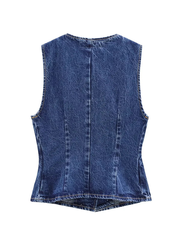 Women's Short Vest Blue Denim Vest Top Casual Cropped Sleeveless Top