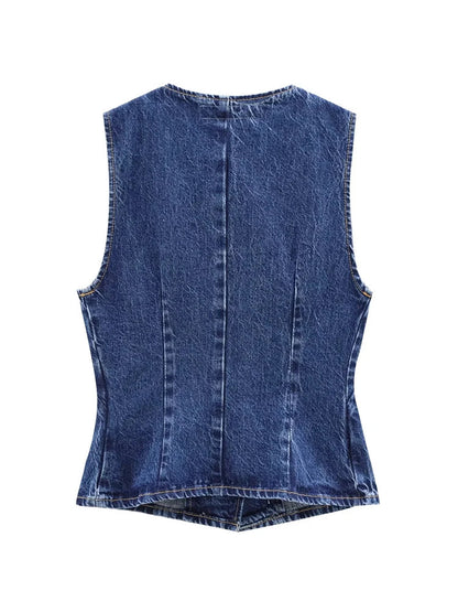 Women's Short Vest Blue Denim Vest Top Casual Cropped Sleeveless Top