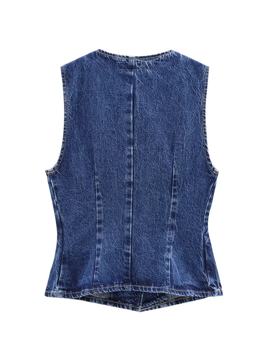 Women's Short Vest Blue Denim Vest Top Casual Cropped Sleeveless Top