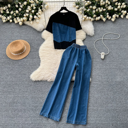 Women Denim pant sets Design Matching Color Short-sleeved T-shirt Tops + High-waisted Casual Pants