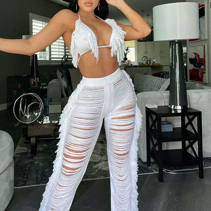 Tassel Knitted Pants Two Piece Set Resort Outfit Vacation Outfit Beach Cover Up