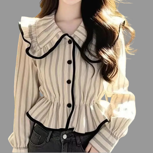 Women Vintage Apricot Striped Shirt Turn Down Collar Shirt