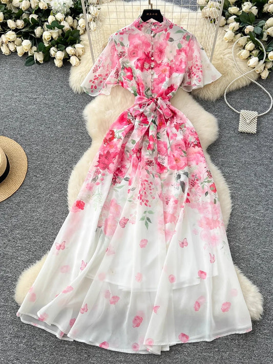 Vintage Palace Summer Dress Women Print Sashes Button Long Party Dress Female Casual Chic Festival Clothing New