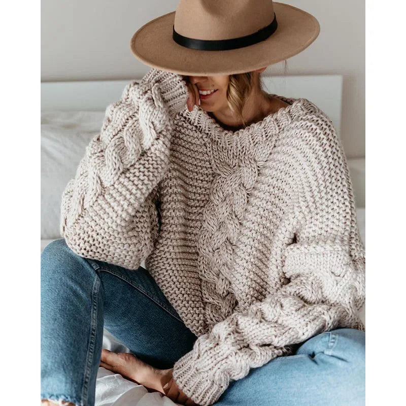 Loose Knitted Casual Sweater V Turtleneck Twist Women's Pullover Sweater