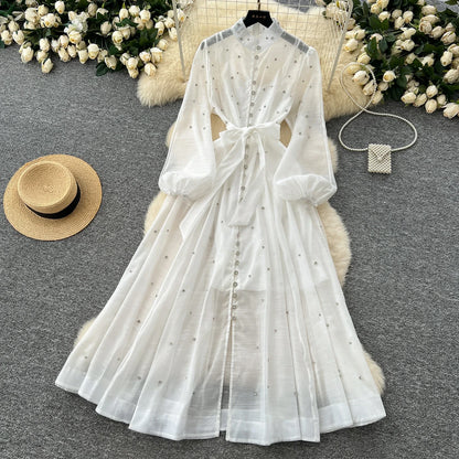 Elegant Lantern Sleeves Vintage Stand Collar Chic Single Breasted Rhinestone Bandage Slim High Street Long Dresses